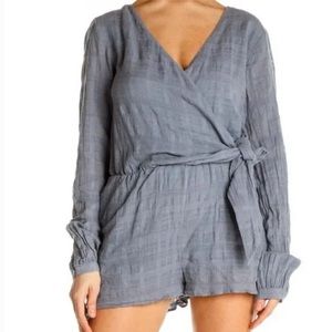 Saks Fifth Avenue Boho Coastal Romper Long Sleeve Textured Wrap Romper Blue
